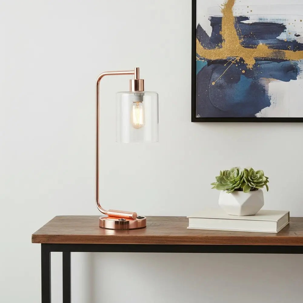 19" Rose Gold Iron Lantern USB Table Lamp With Clear Cylinder Shade HomeRoots