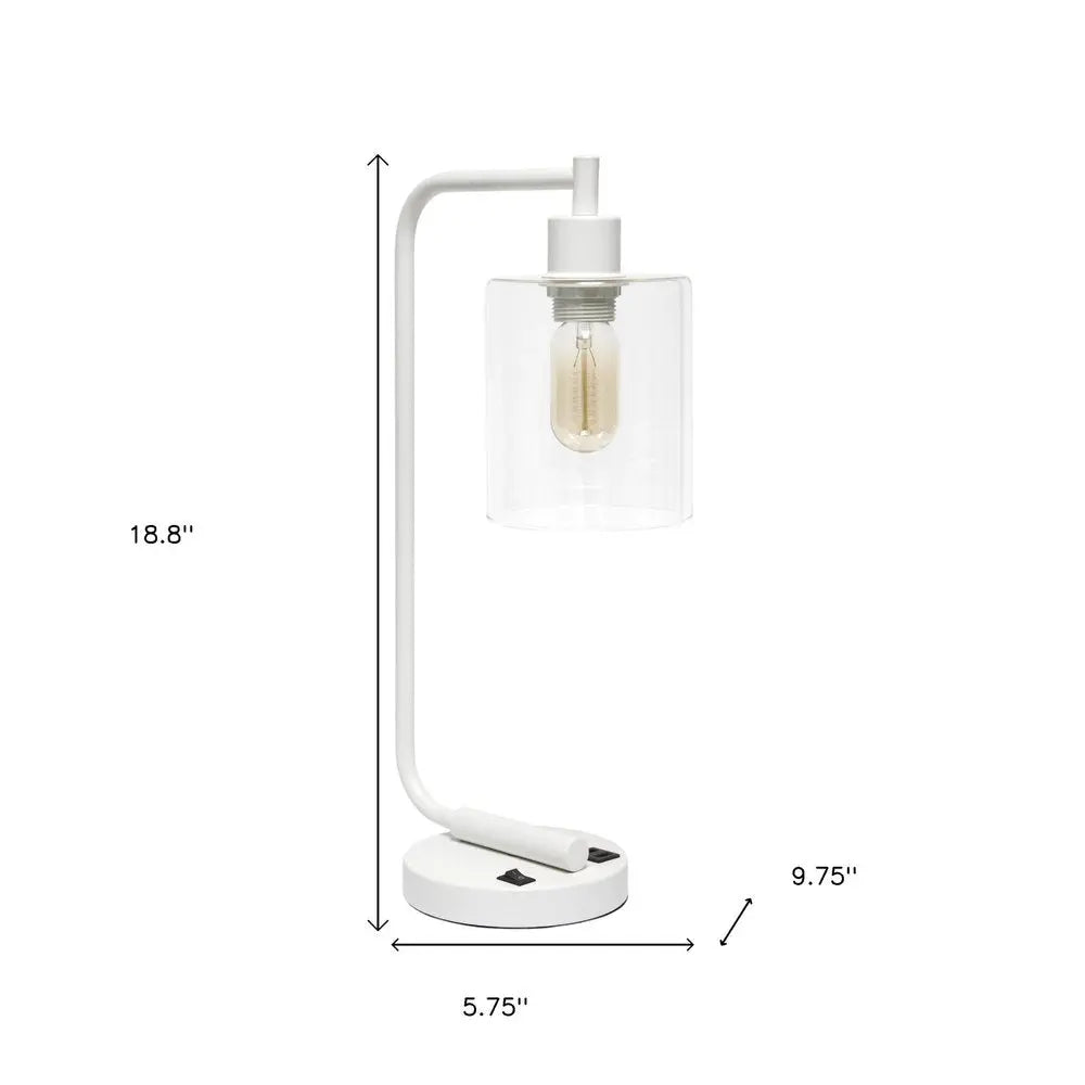 19" White Iron Lantern USB Table Lamp With Clear Cylinder Shade HomeRoots