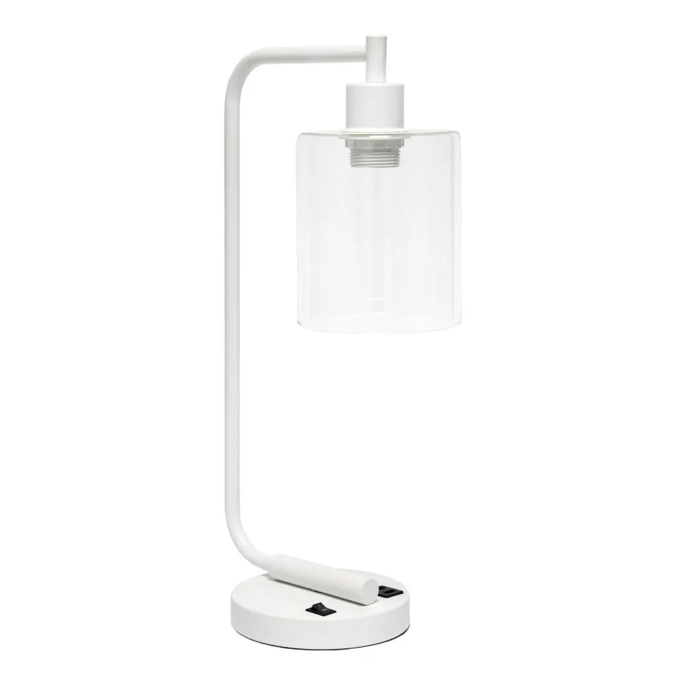 19" White Iron Lantern USB Table Lamp LED With Clear Cylinder Shade HomeRoots