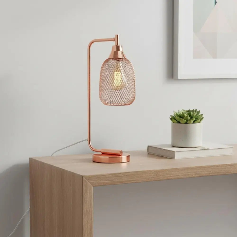 19" Rose Gold Metal Lantern Table Lamp With Rose Gold Globe Shade HomeRoots