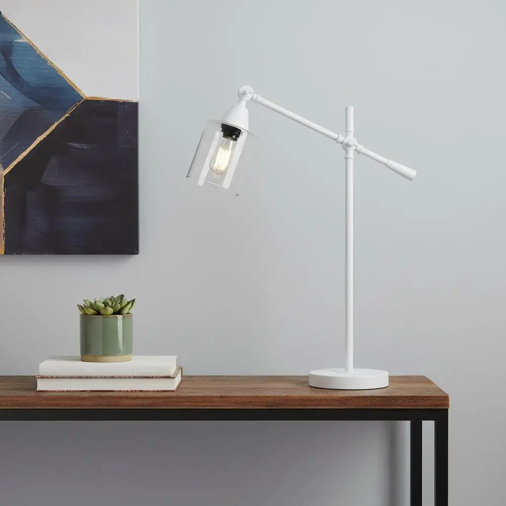 28" White Metal Table Lamp With Clear Cylinder Shade HomeRoots