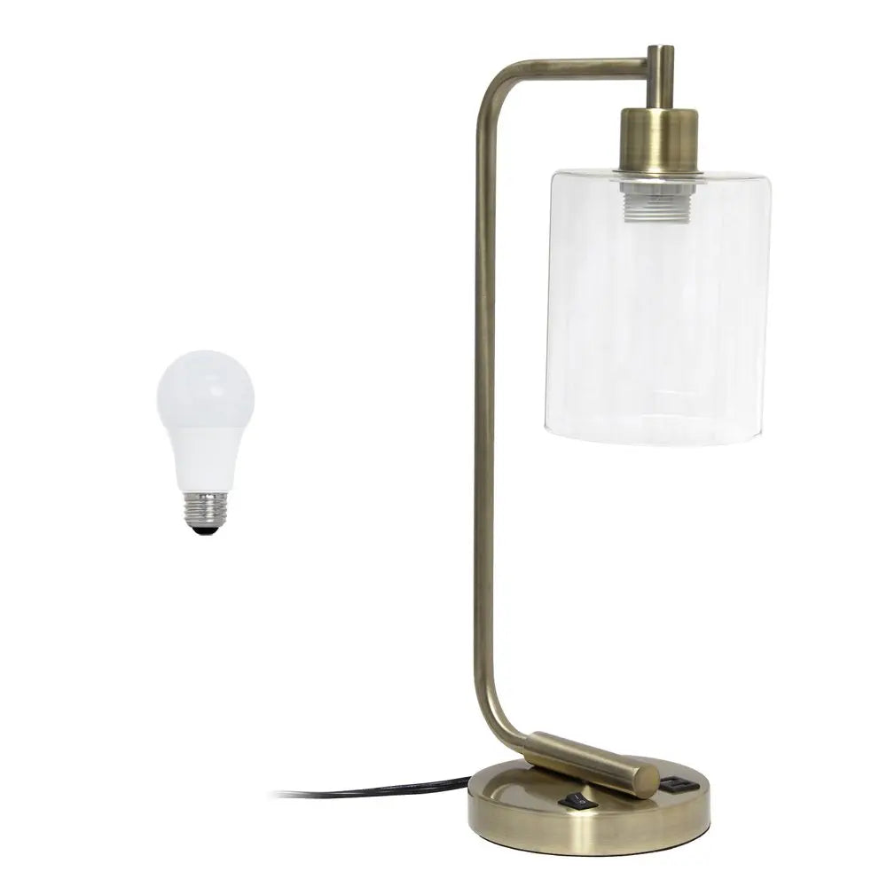 19" Antiqued Brass Metal Lantern USB Table Lamp LED With Clear Cylinder Shade HomeRoots