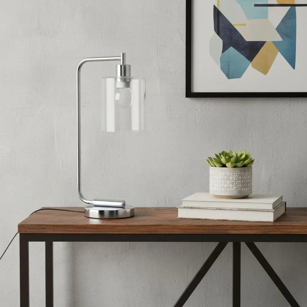 19" Silver Iron Lantern USB Table Lamp LED With Clear Cylinder Shade HomeRoots