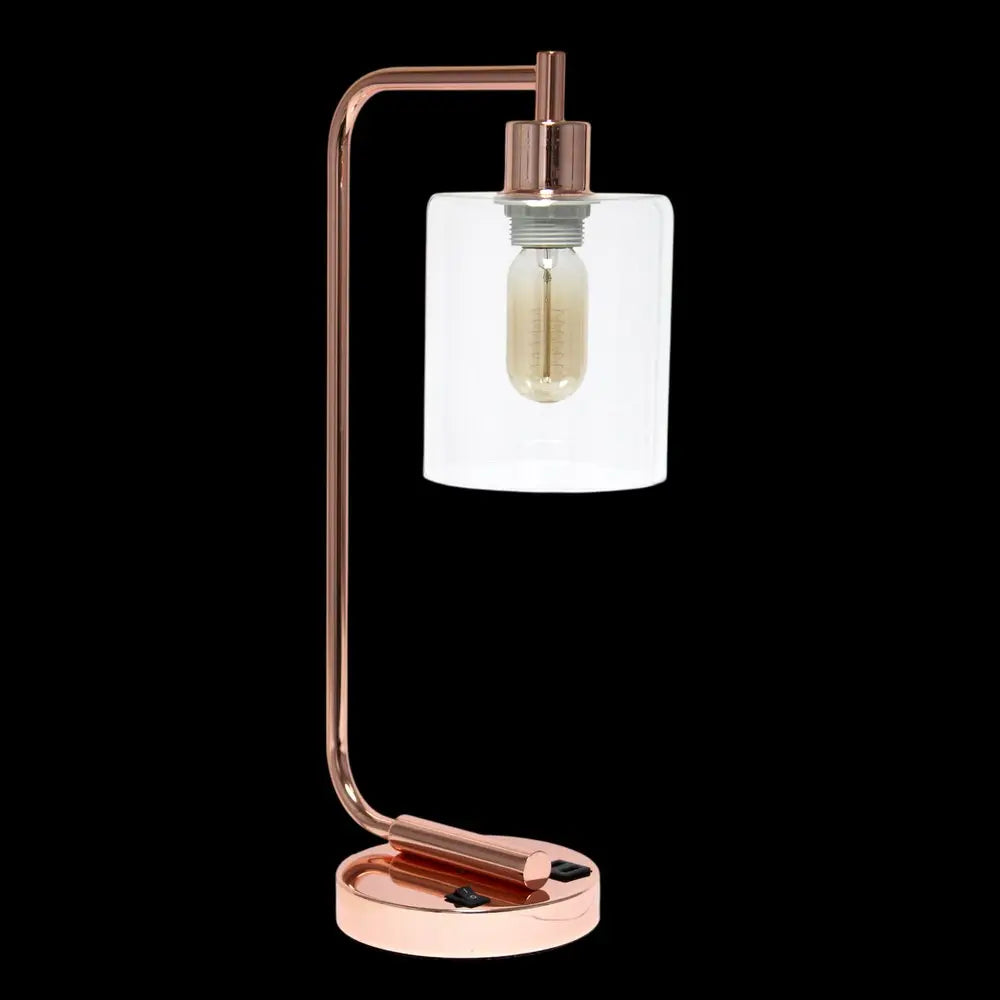 19" Rose Gold Iron Lantern USB Table Lamp With Clear Cylinder Shade HomeRoots