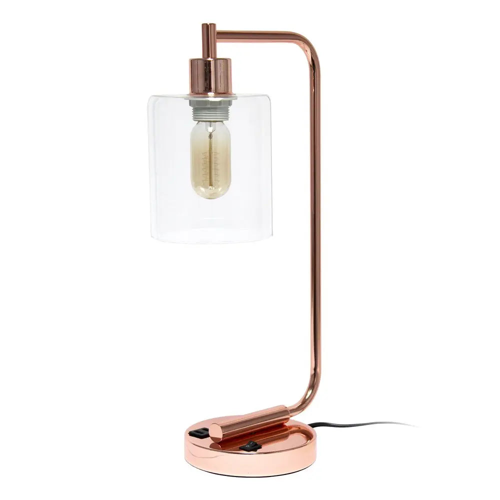 19" Rose Gold Iron Lantern USB Table Lamp With Clear Cylinder Shade HomeRoots