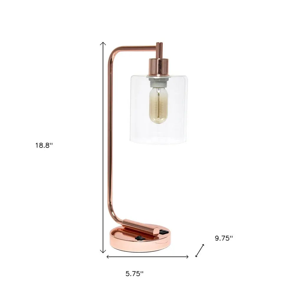 19" Rose Gold Iron Lantern USB Table Lamp With Clear Cylinder Shade HomeRoots