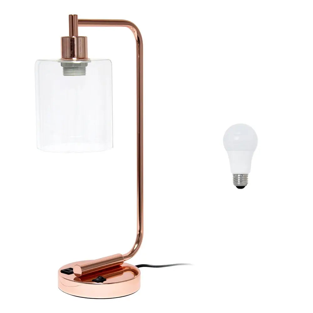 19" Rose Gold Iron Lantern USB Table Lamp LED With Clear Cylinder Shade HomeRoots