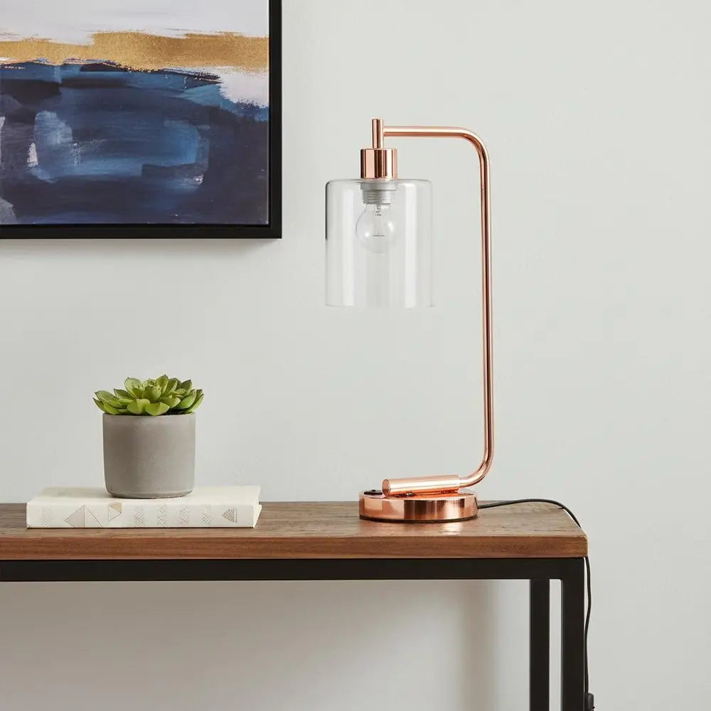 19" Rose Gold Iron Lantern USB Table Lamp LED With Clear Cylinder Shade HomeRoots