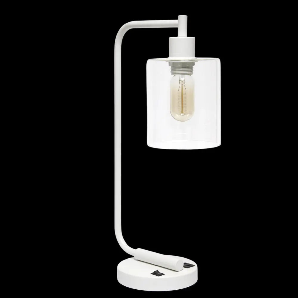 19" White Iron Lantern USB Table Lamp With Clear Cylinder Shade HomeRoots