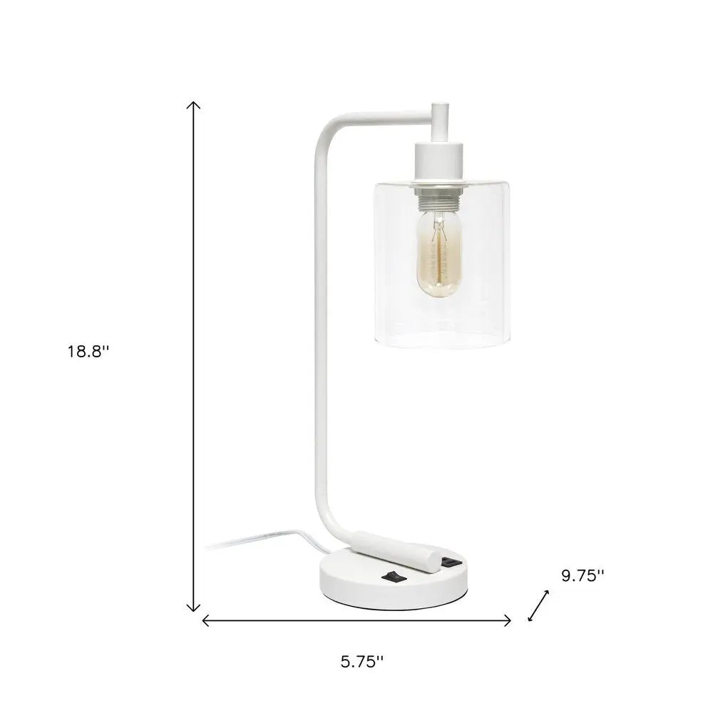 19" White Iron Lantern USB Table Lamp With Clear Cylinder Shade HomeRoots