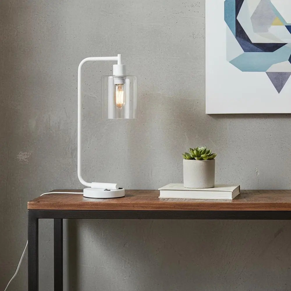 19" White Iron Lantern USB Table Lamp With Clear Cylinder Shade HomeRoots