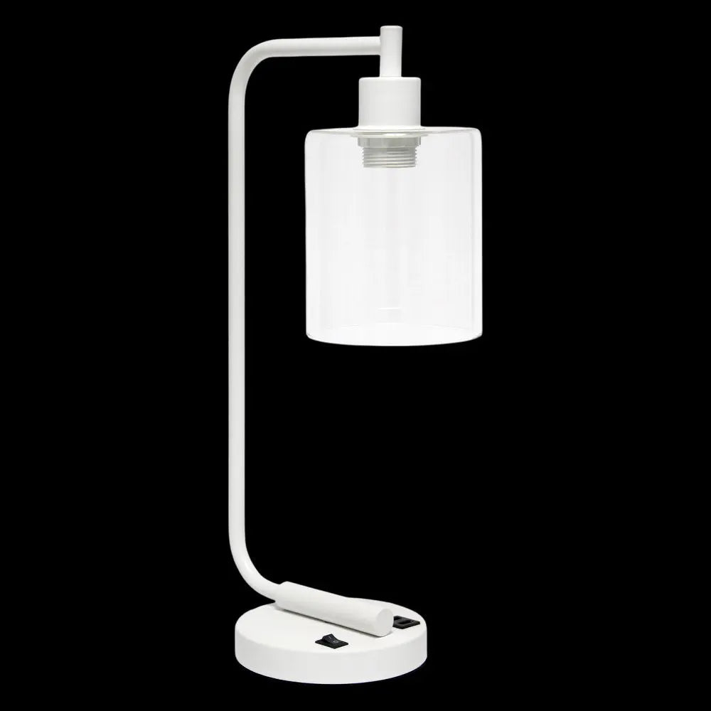19" White Iron Lantern USB Table Lamp LED With Clear Cylinder Shade HomeRoots