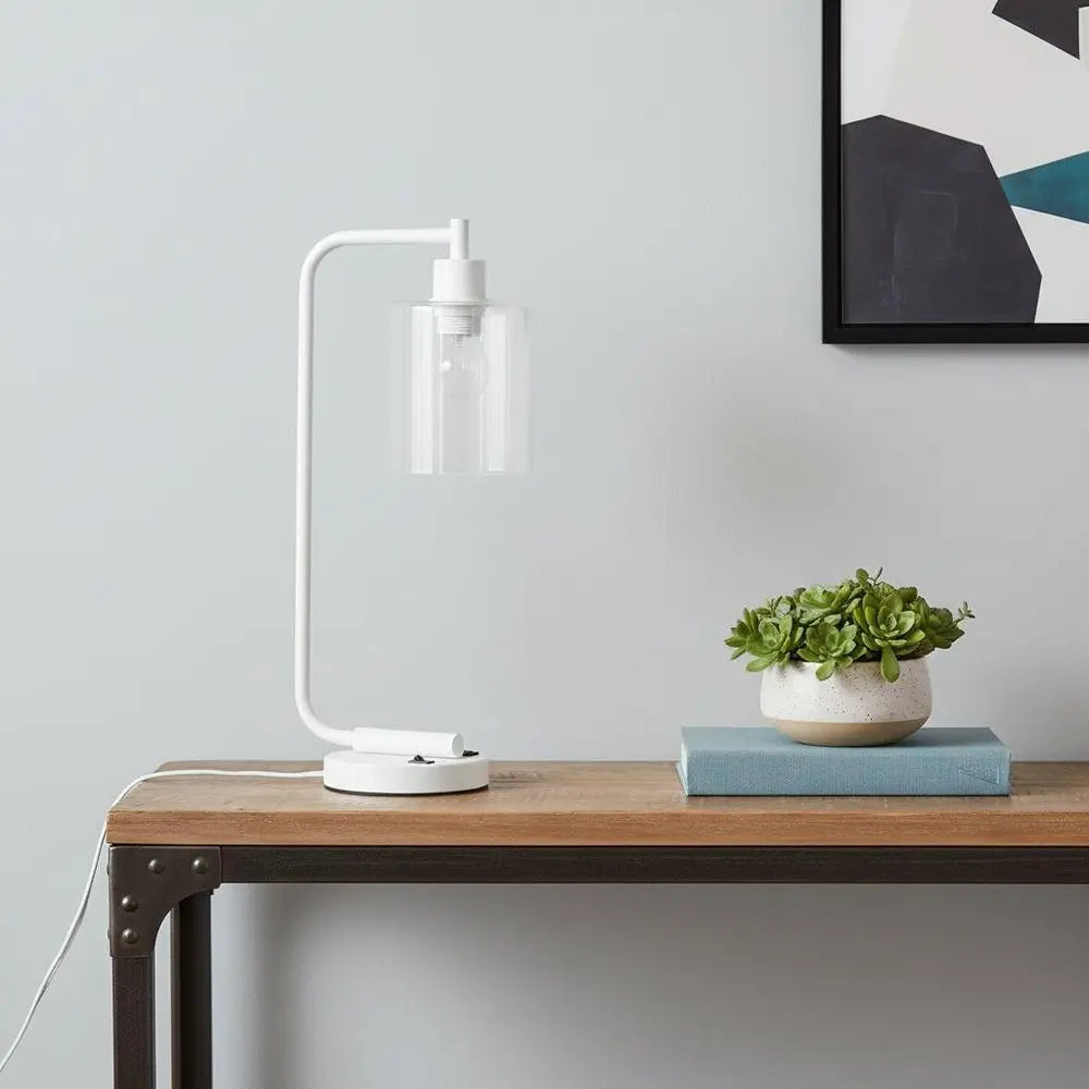 19" White Iron Lantern USB Table Lamp LED With Clear Cylinder Shade HomeRoots