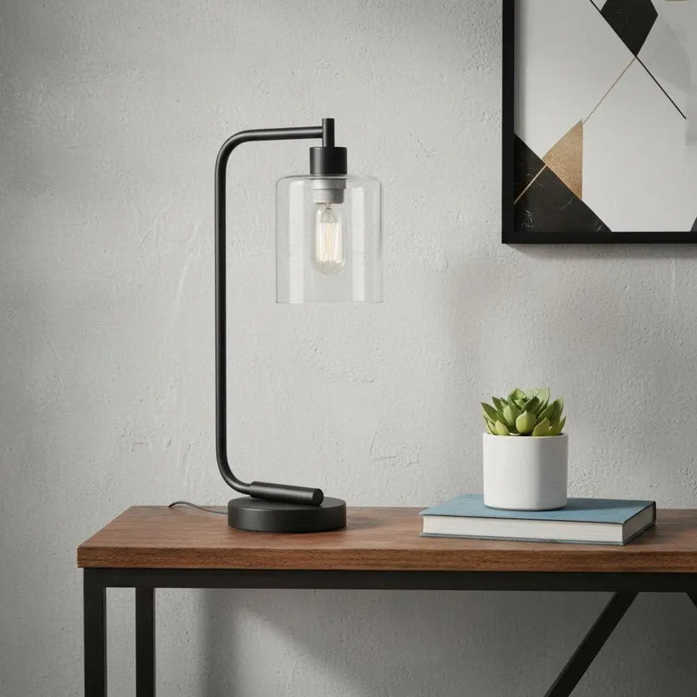 19" Black Metal Lantern Table Lamp With Clear Cylinder Shade HomeRoots