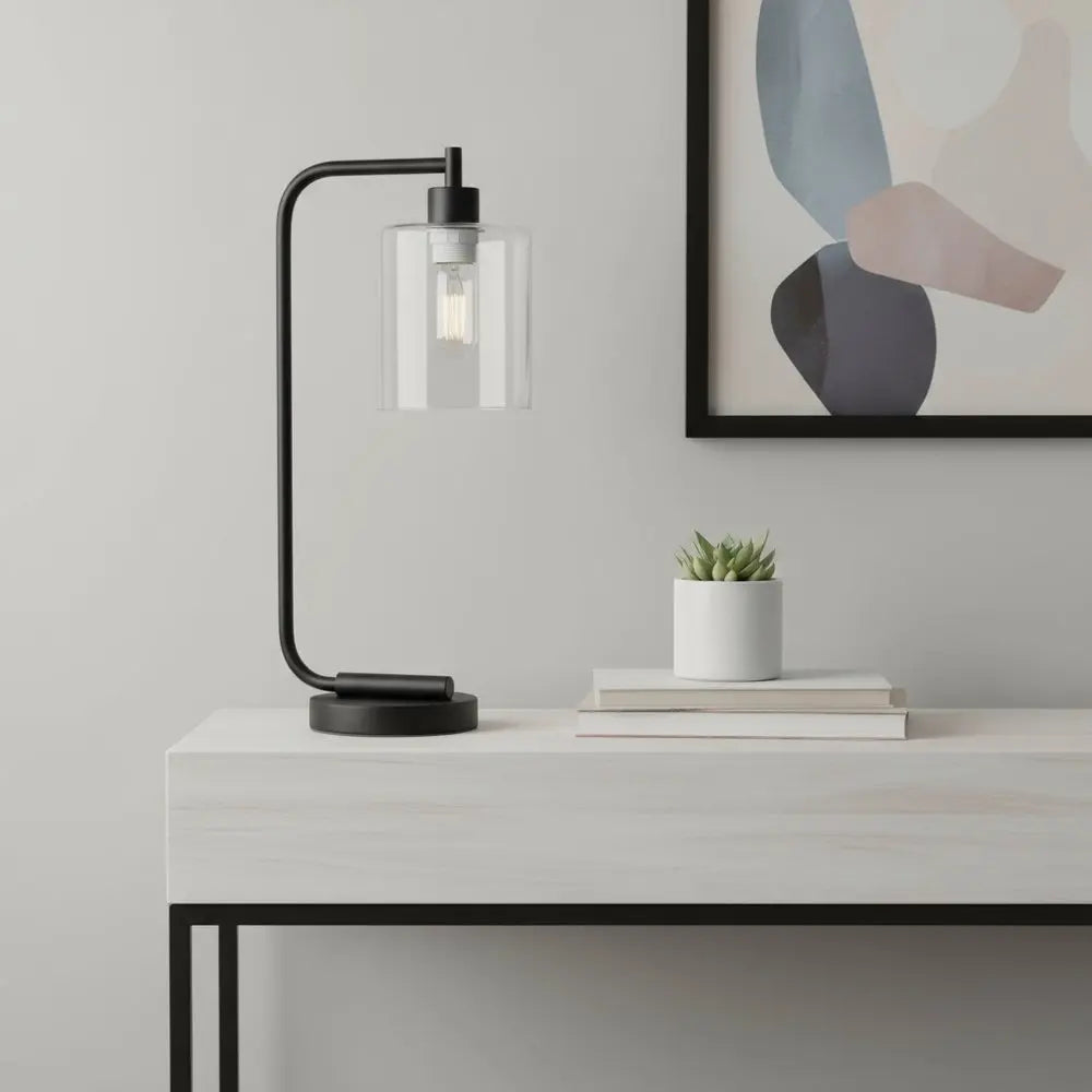 19" Black Metal Lantern Table Lamp LED With Clear Cylinder Shade HomeRoots