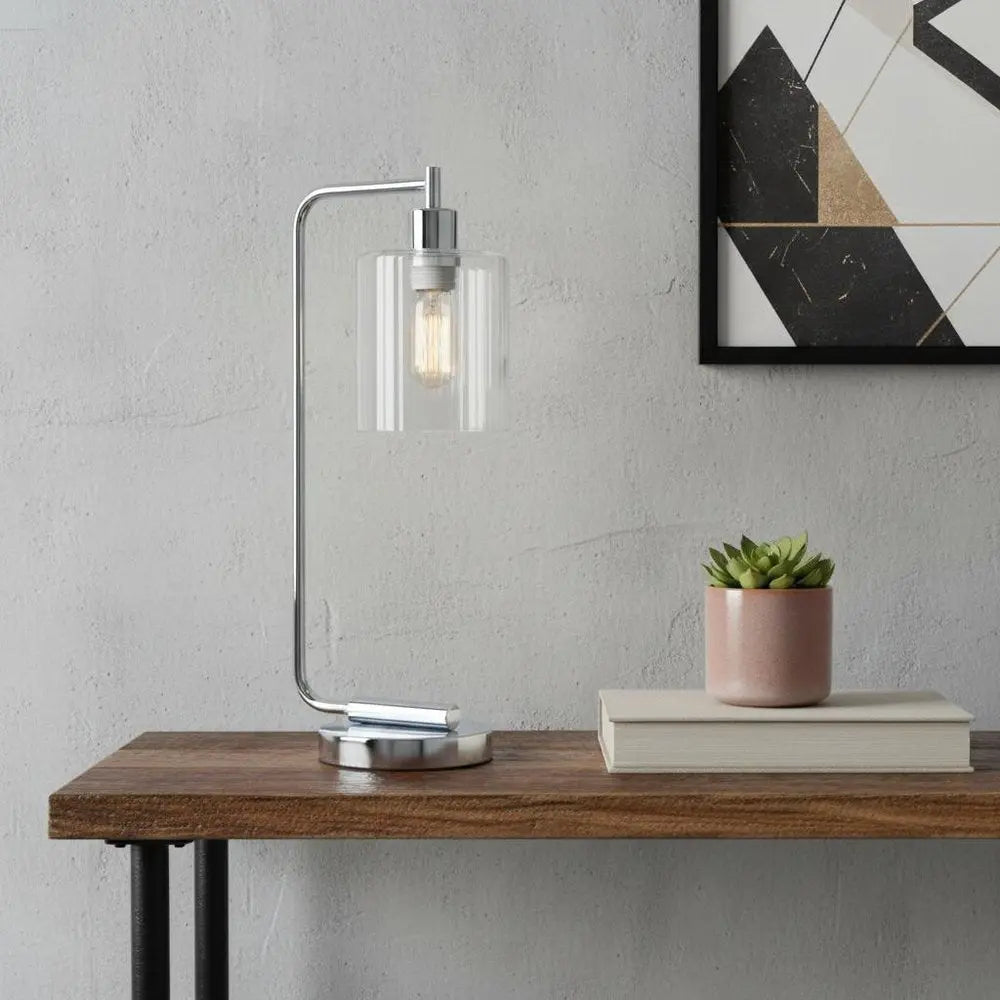 19" Silver Metal Lantern Table Lamp With Clear Cylinder Shade HomeRoots