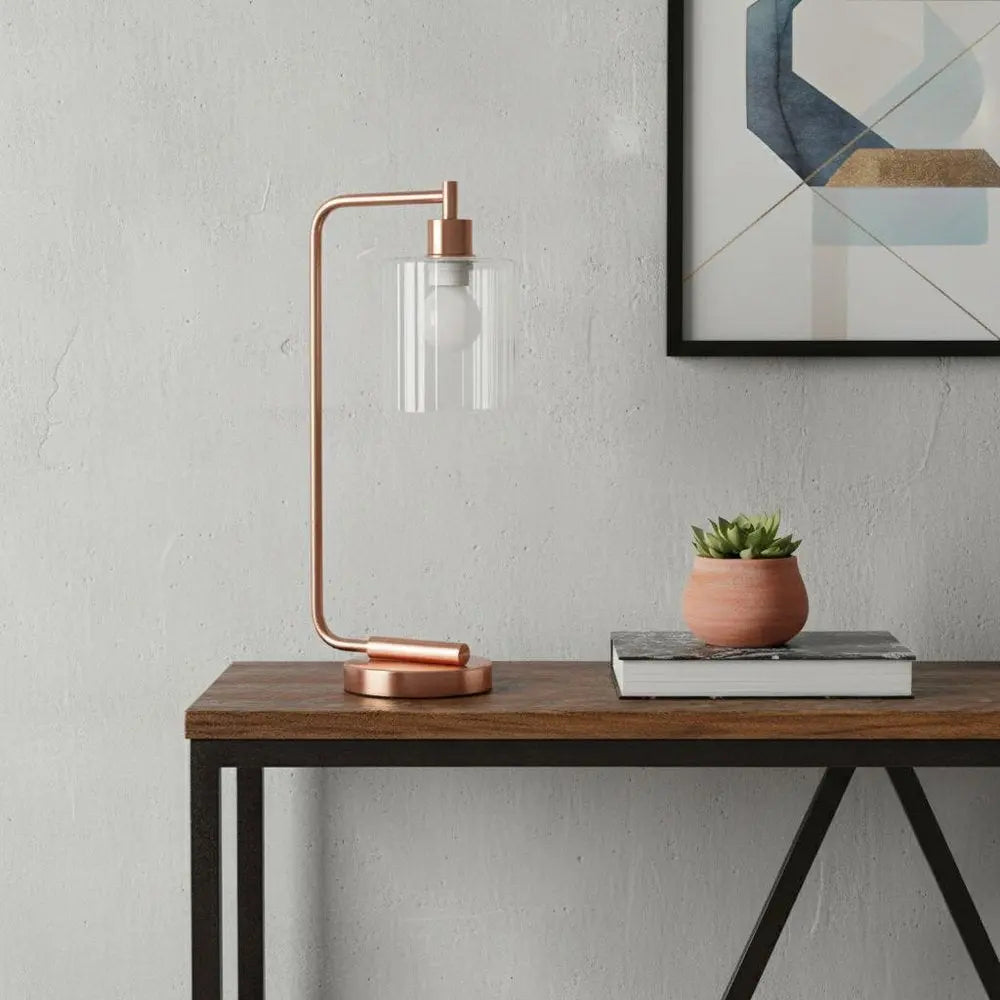 19" Rose Gold Metal Lantern Table Lamp LED With Clear Cylinder Shade HomeRoots