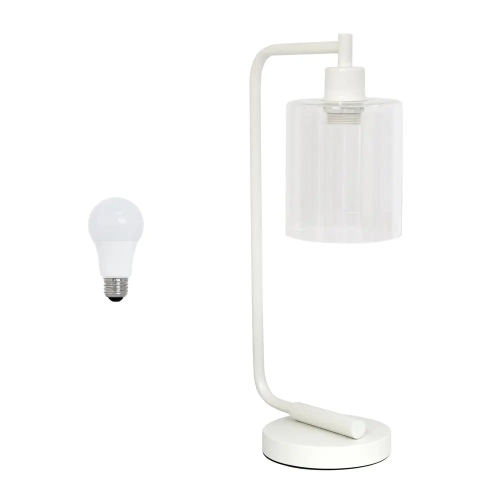 19" White Metal Lantern Table Lamp LED With Clear Cylinder Shade HomeRoots