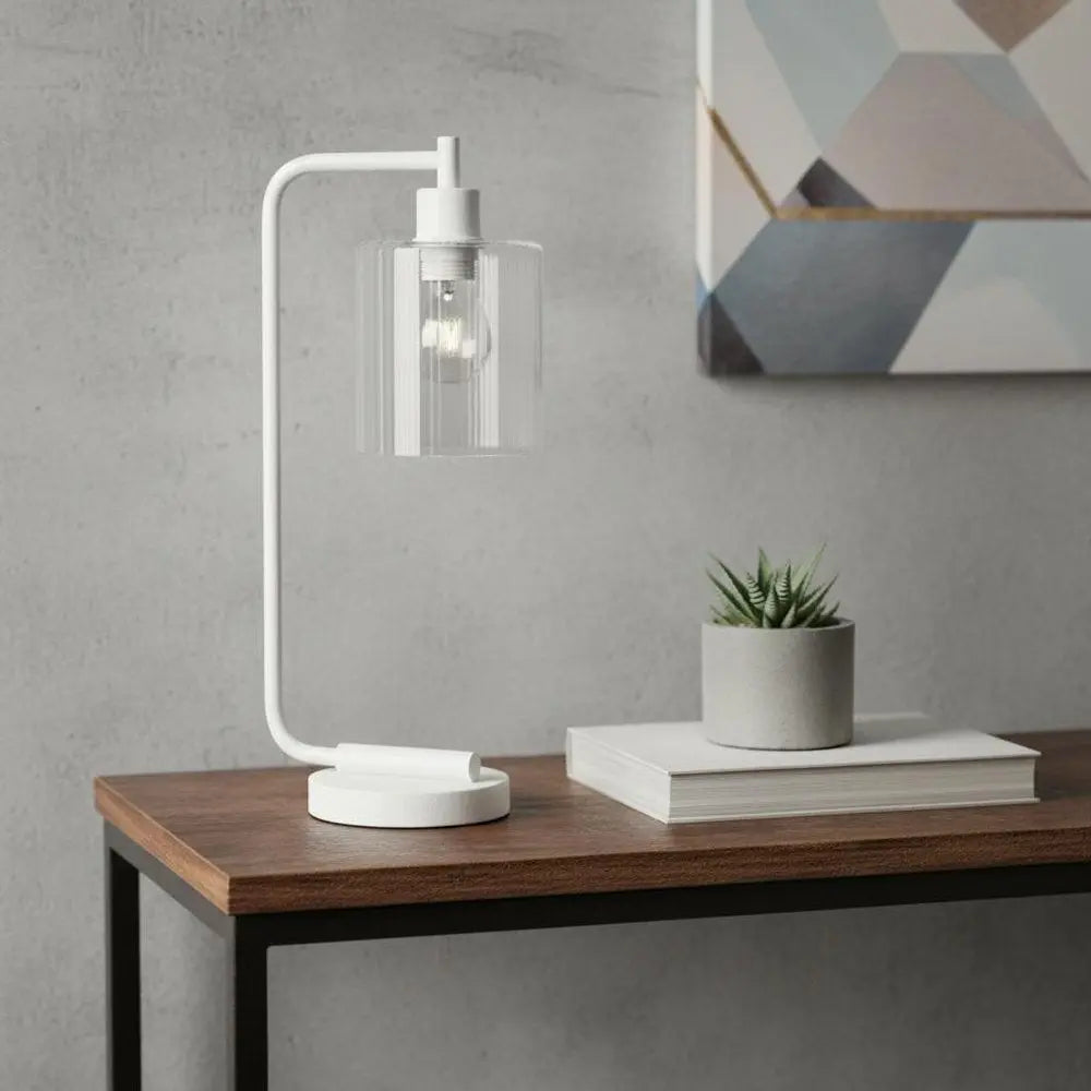 19" White Metal Lantern Table Lamp LED With Clear Cylinder Shade HomeRoots