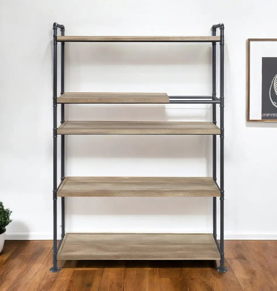 65" Natural And Black Metal and Wood Five Tier Etagere Bookcase - NOBLE HOME INTERIORS