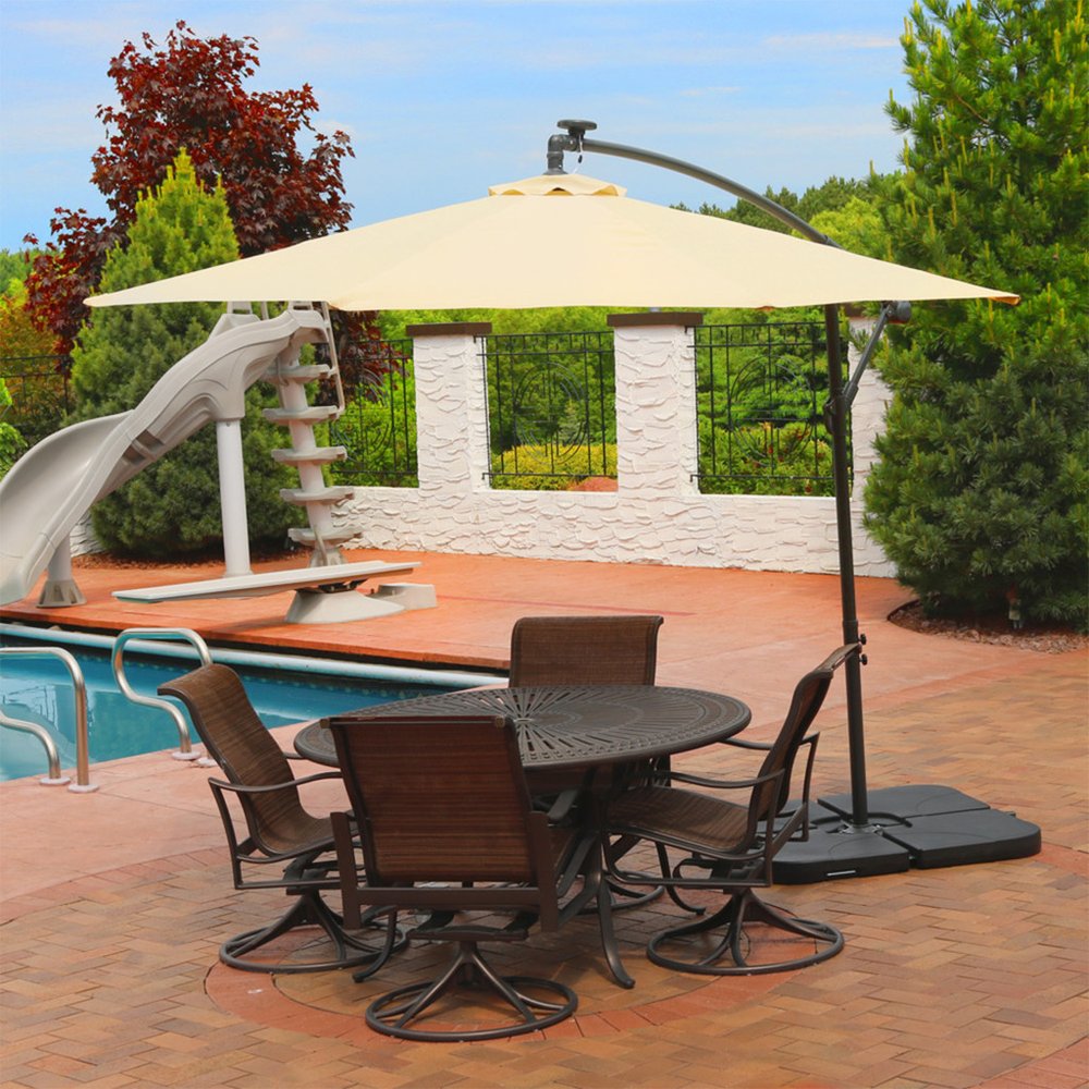 95" White Polyester Octagonal Tilt Lighted Market Patio Umbrella with Stand