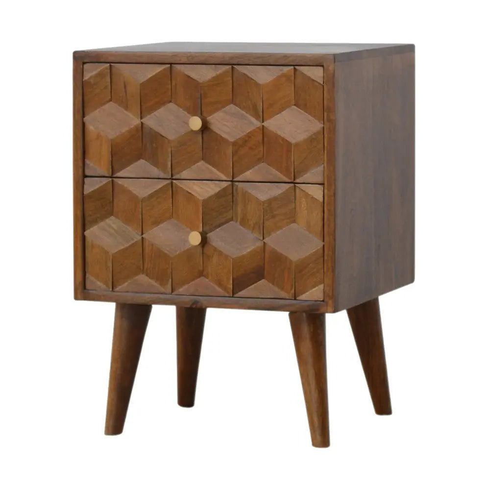 22" Chestnut Solid Wood Carved Geometric Two Drawer Nightstand HomeRoots