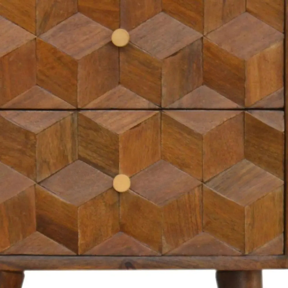 22" Chestnut Solid Wood Carved Geometric Two Drawer Nightstand HomeRoots