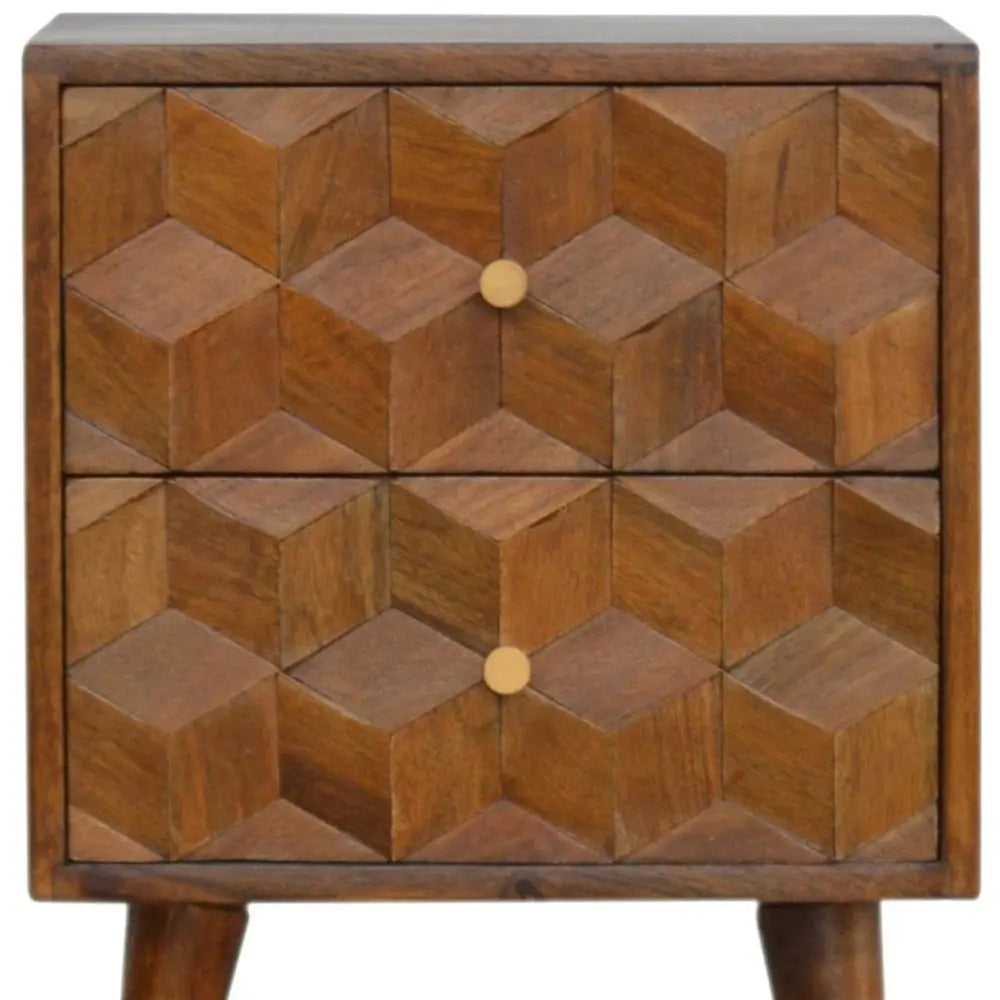 22" Chestnut Solid Wood Carved Geometric Two Drawer Nightstand HomeRoots
