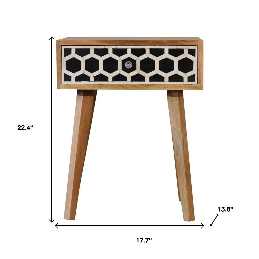 22" Black White And Brown Solid Wood Geometric Bone Inlay One Drawer Nightstand HomeRoots