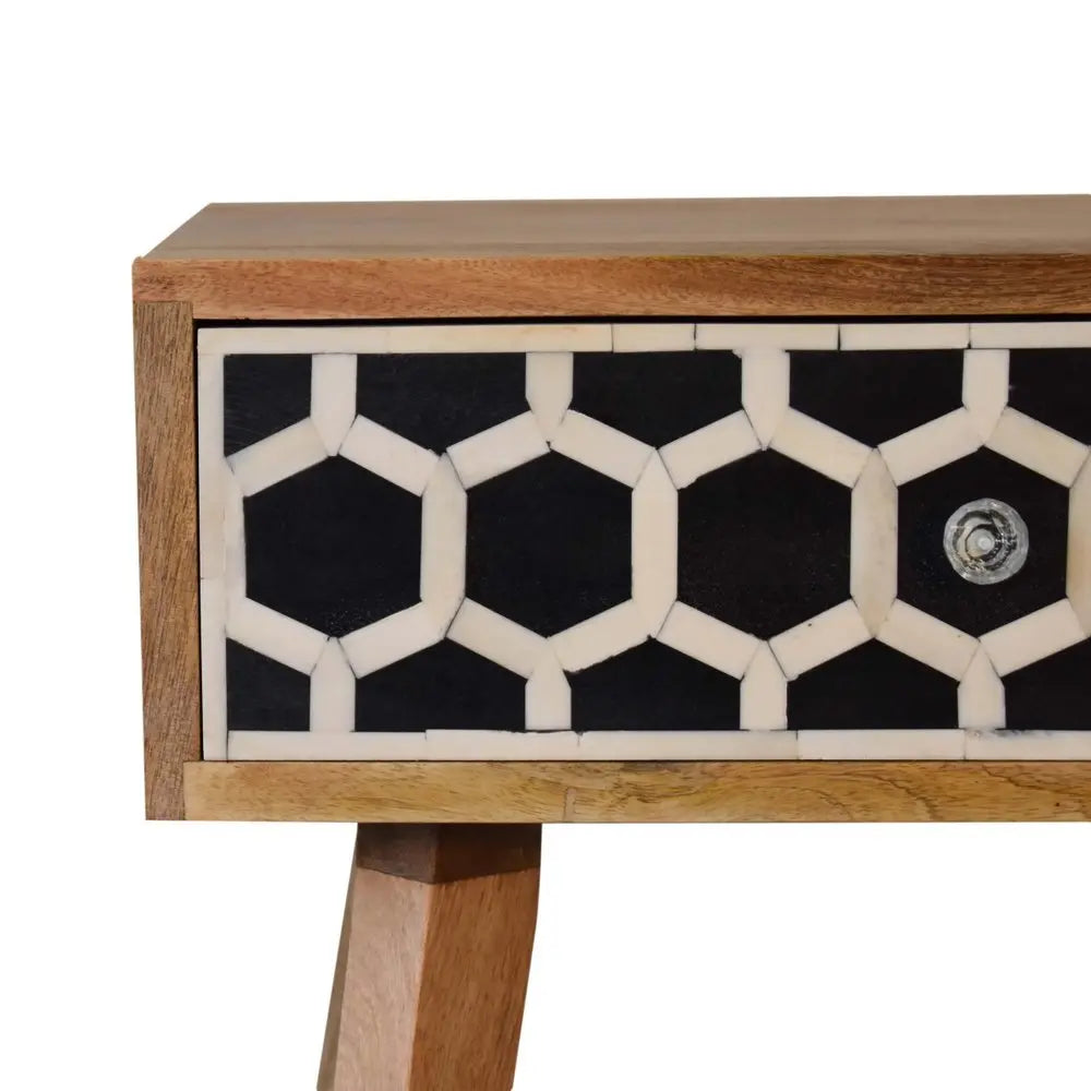 22" Black White And Brown Solid Wood Geometric Bone Inlay One Drawer Nightstand HomeRoots