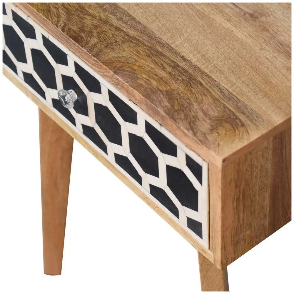 22" Black White And Brown Solid Wood Geometric Bone Inlay One Drawer Nightstand HomeRoots