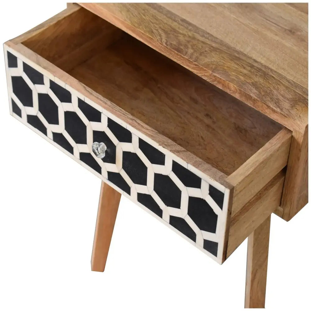 22" Black White And Brown Solid Wood Geometric Bone Inlay One Drawer Nightstand HomeRoots