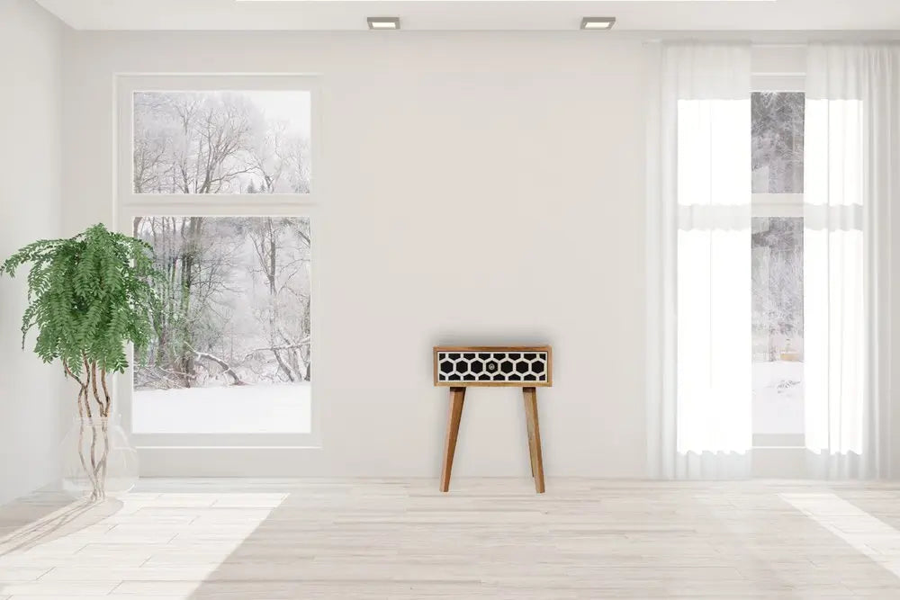 22" Black White And Brown Solid Wood Geometric Bone Inlay One Drawer Nightstand HomeRoots