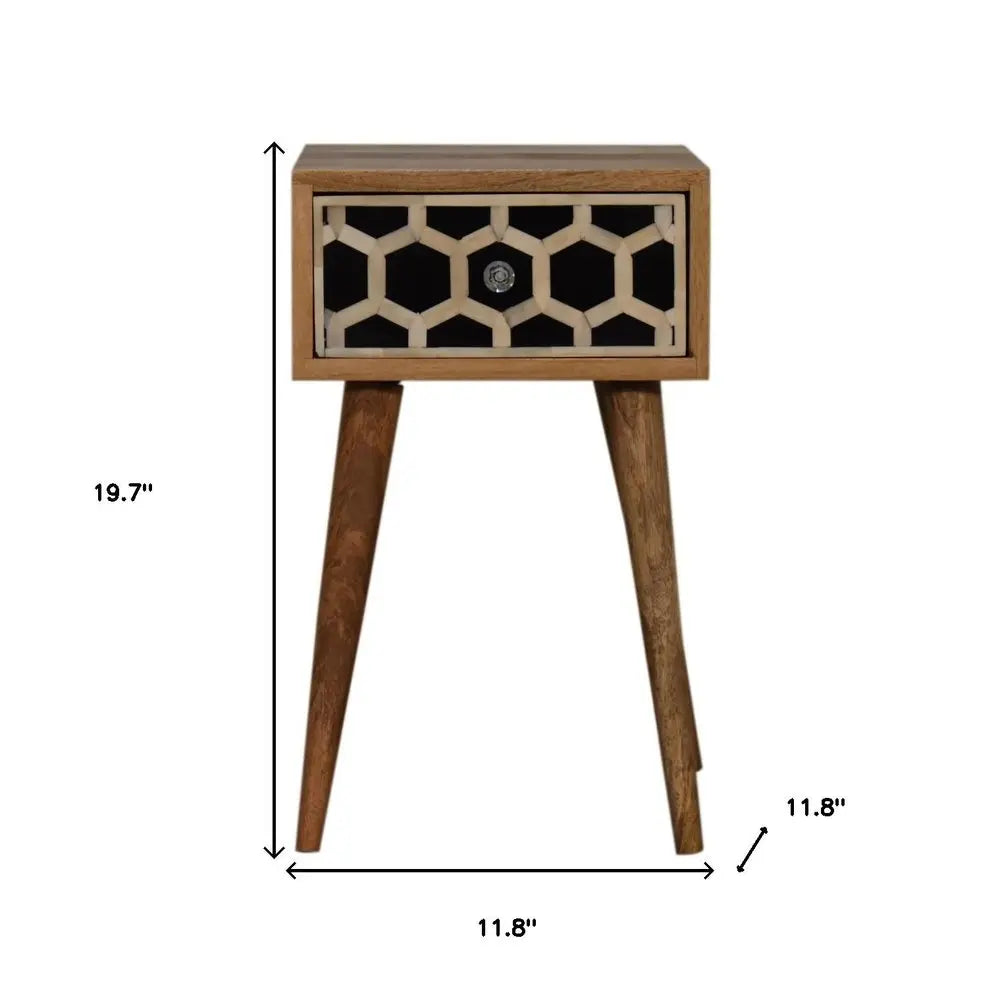 20" Black White And Brown Solid Wood Geometric Bone Inlay One Drawer Nightstand HomeRoots