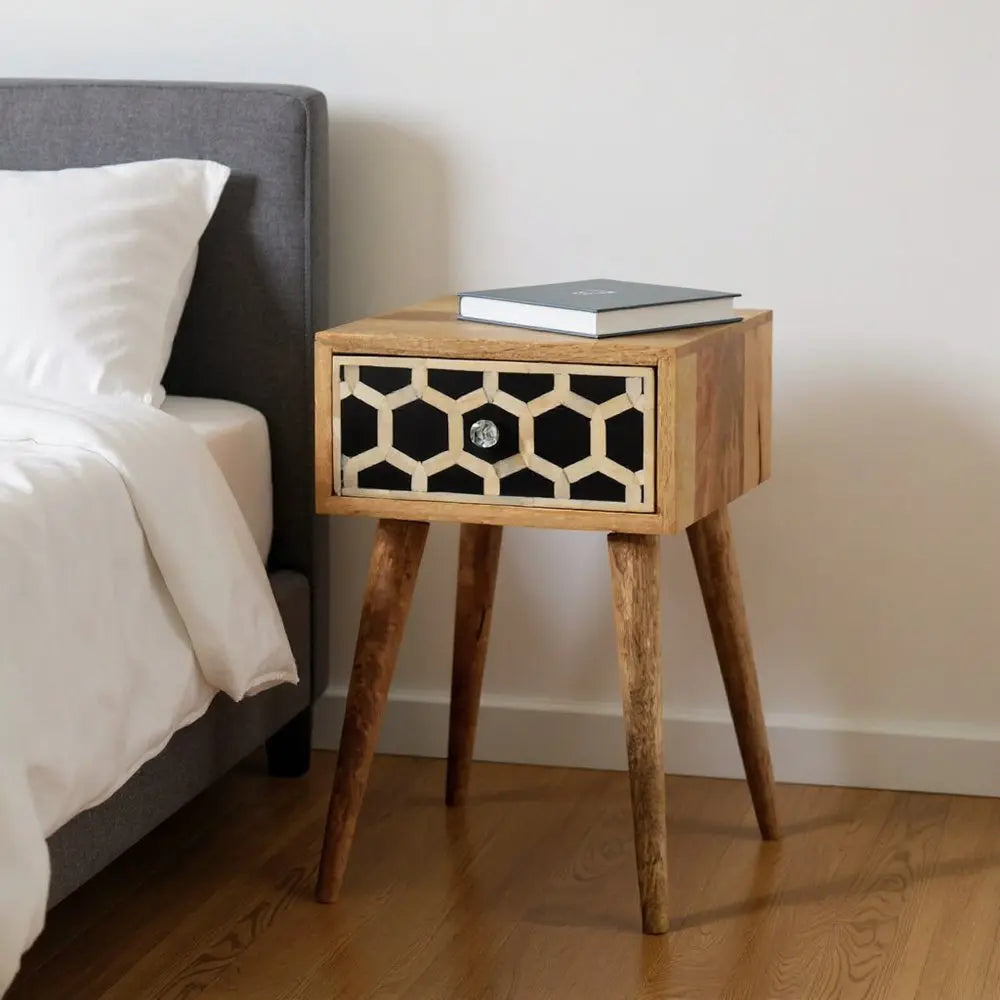 20" Black White And Brown Solid Wood Geometric Bone Inlay One Drawer Nightstand HomeRoots