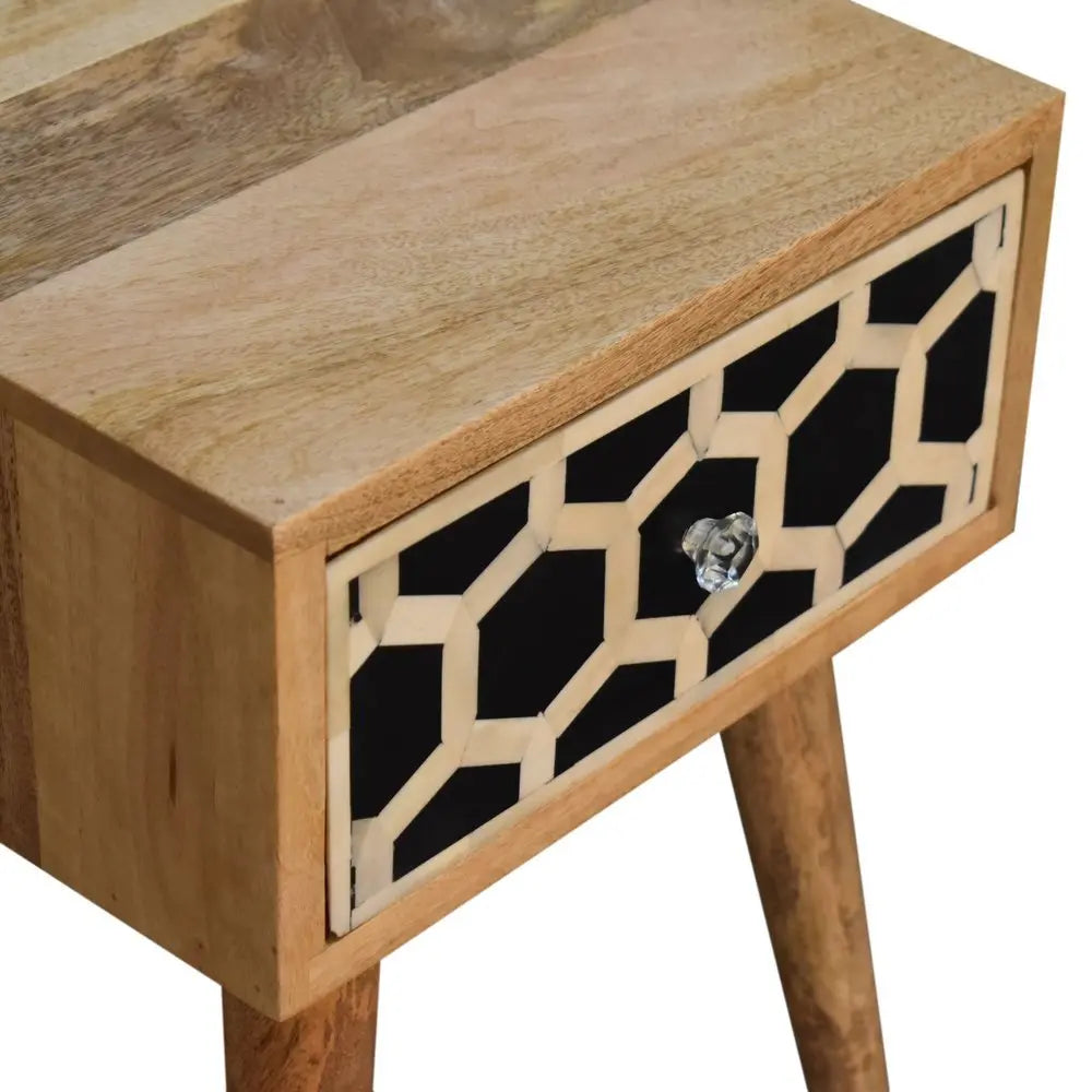 20" Black White And Brown Solid Wood Geometric Bone Inlay One Drawer Nightstand HomeRoots