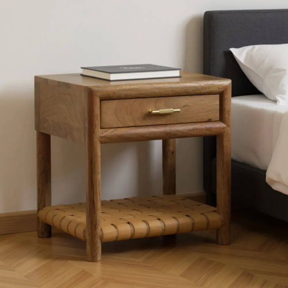 20" Light Brown Solid Wood One Drawer Nightstand With Leather Shelf HomeRoots