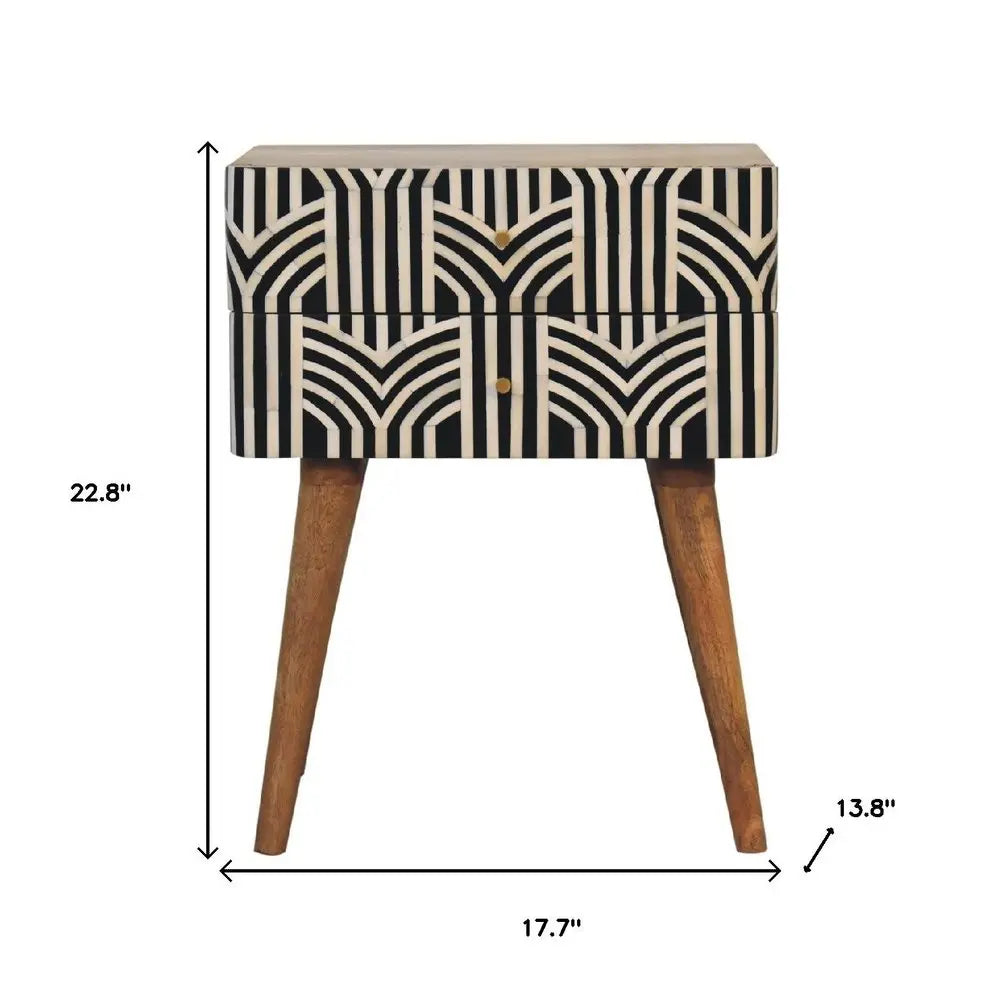 23" Black Ivory And Light Brown Solid Wood Geometric Bone Inlay Two Drawer Nightstand HomeRoots