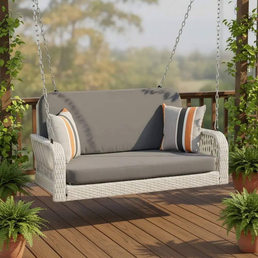 49" White Woven Rattan Outdoor Hanging Swing Chair with Gray Cushions HomeRoots