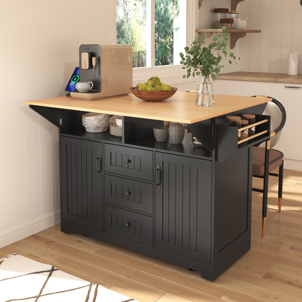 Isla de cocina enrollable de 56" con puerta de granero de madera negra y almacenamiento con USB