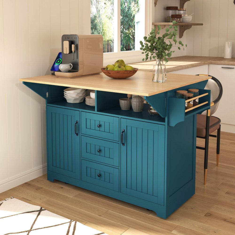 Isla de cocina enrollable con puerta de granero de madera azul verdoso de 56" con almacenamiento y USB