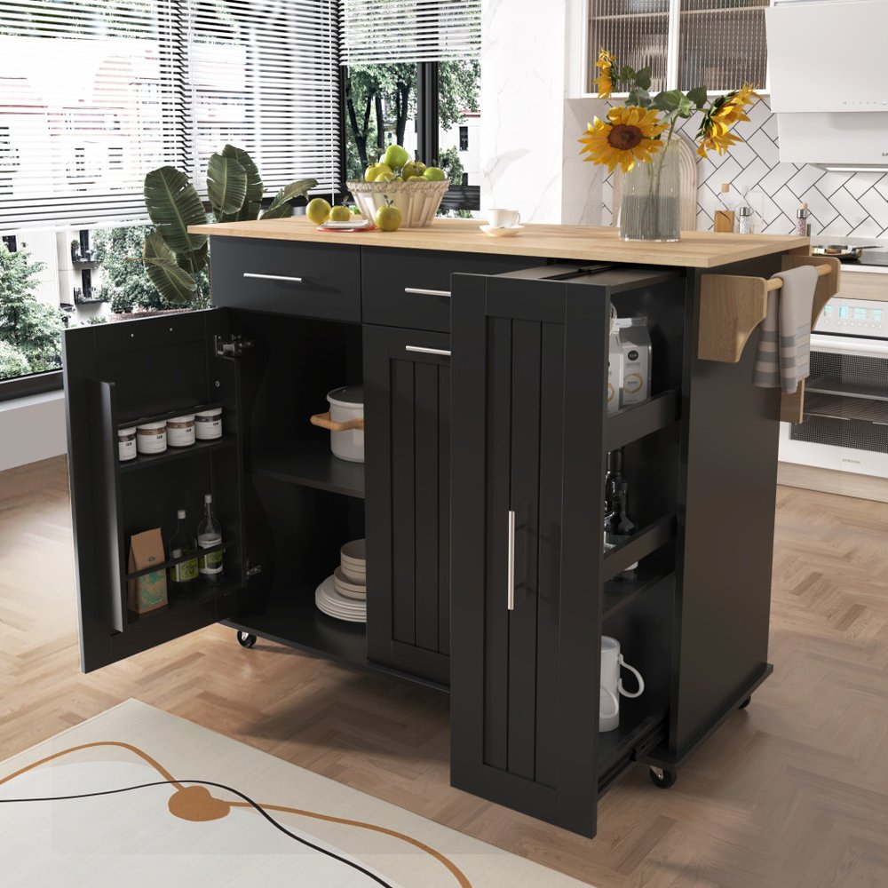 46" Black Wood Barn Door Rolling Kitchen Island With Storage
