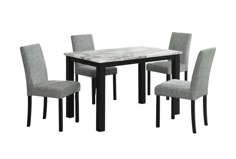 Five Piece White and Black Faux Marble Dining Set with Four Chairs HomeRoots