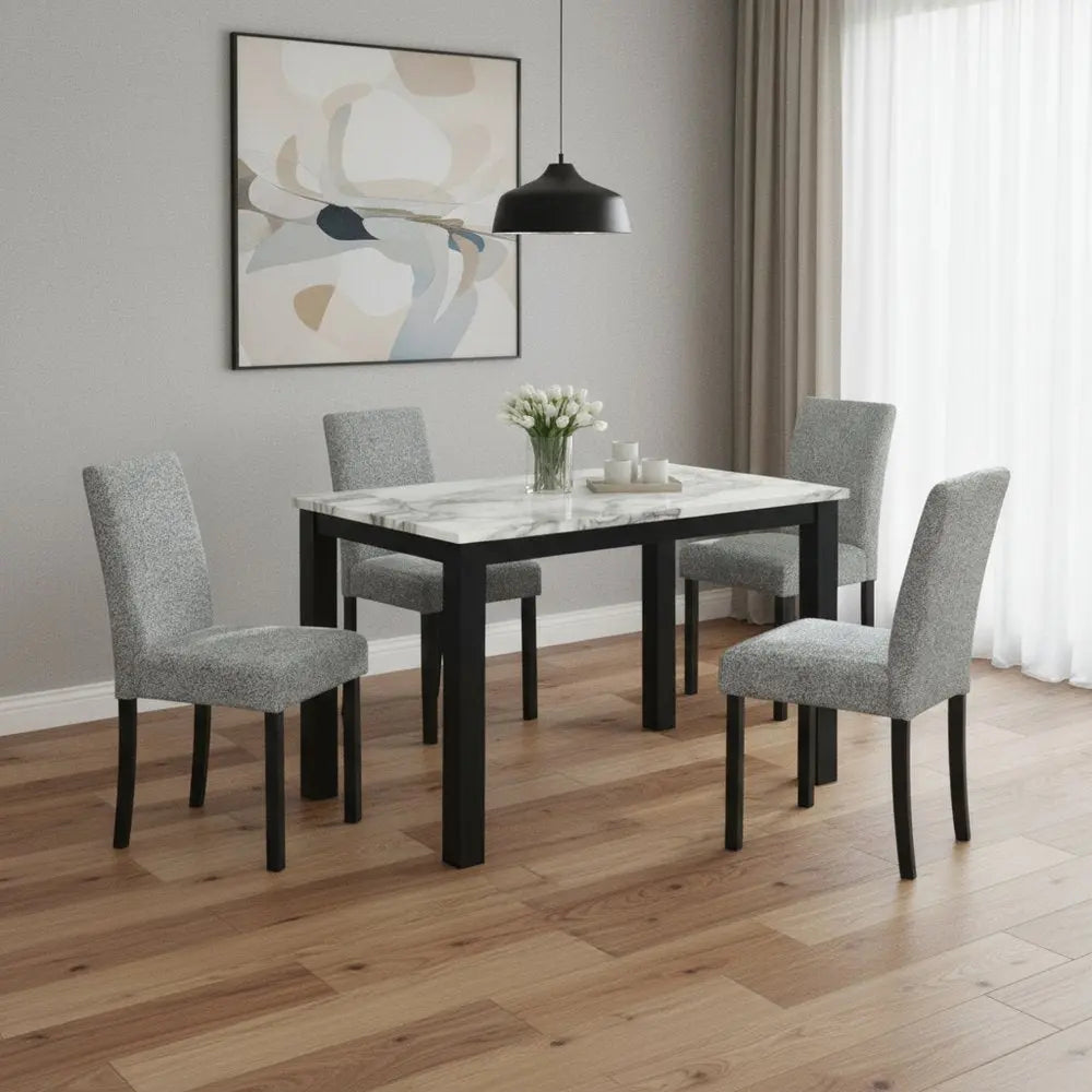 Five Piece White and Black Faux Marble Dining Set with Four Chairs HomeRoots