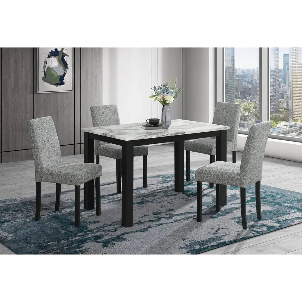 Five Piece White and Black Faux Marble Dining Set with Four Chairs