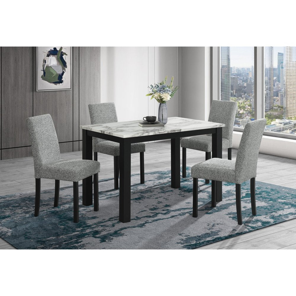 Five Piece White and Black Faux Marble Dining Set with Four Chairs