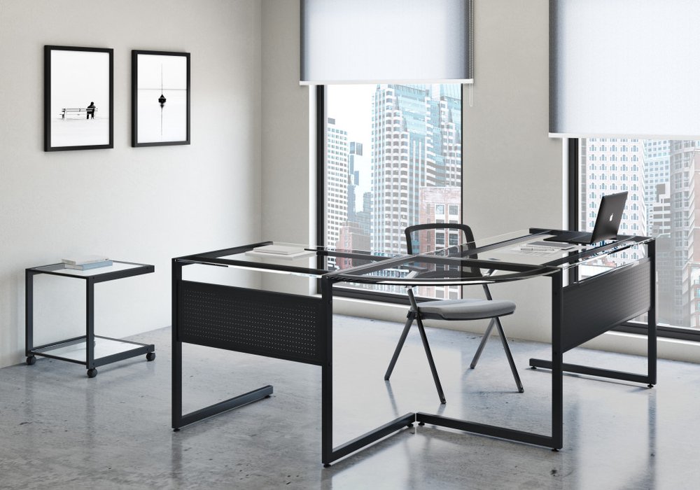 78" Clear and Black Glass and Metal Corner Computer Desk