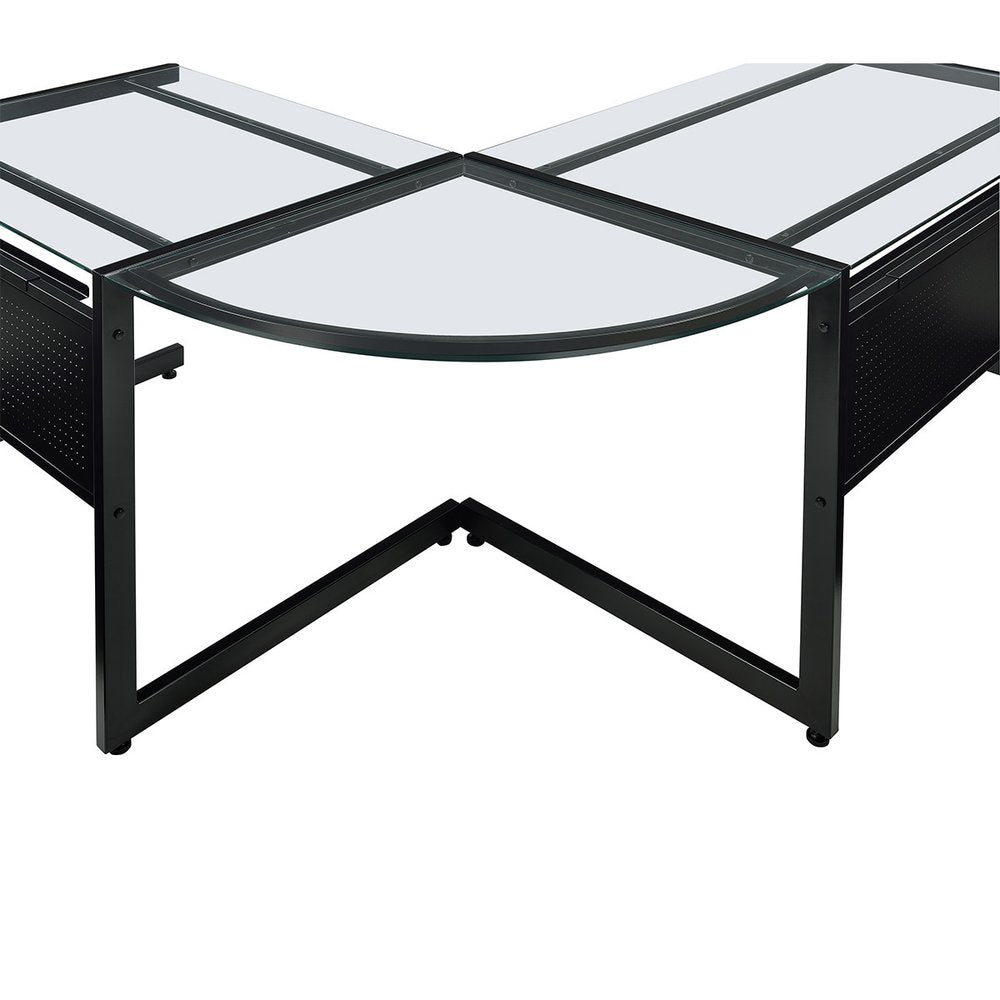 78" Clear and Black Glass and Metal Corner Computer Desk