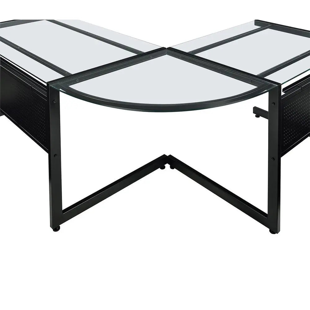 78" Clear and Black Glass and Metal Corner Computer Desk
