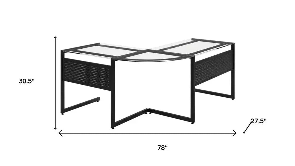78" Clear and Black Glass and Metal Corner Computer Desk